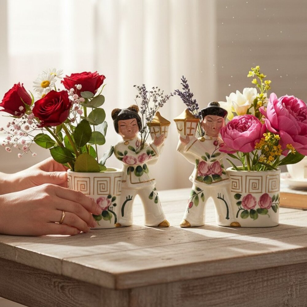 Timeless Vintage Asian Figurines: Distinctive Retro Planters for Floral Elegance